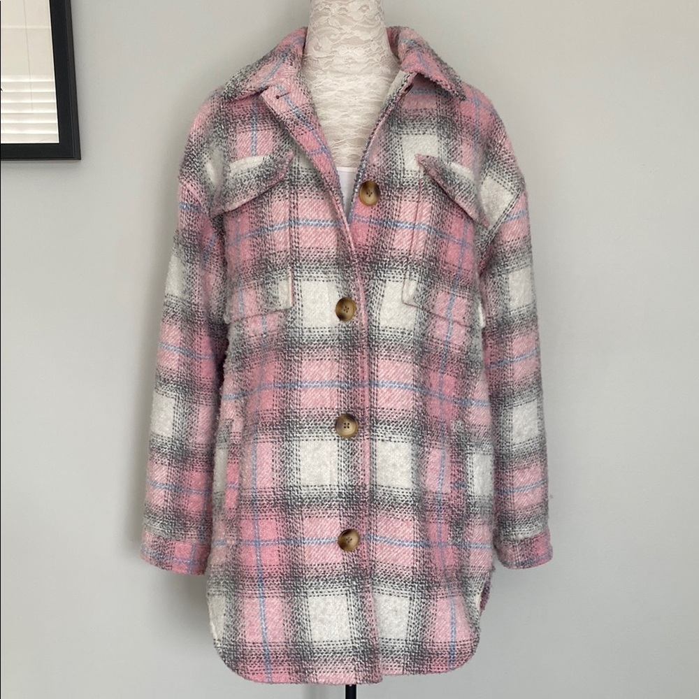 Missguided Pink and Gray Plaid Teddy Jacket